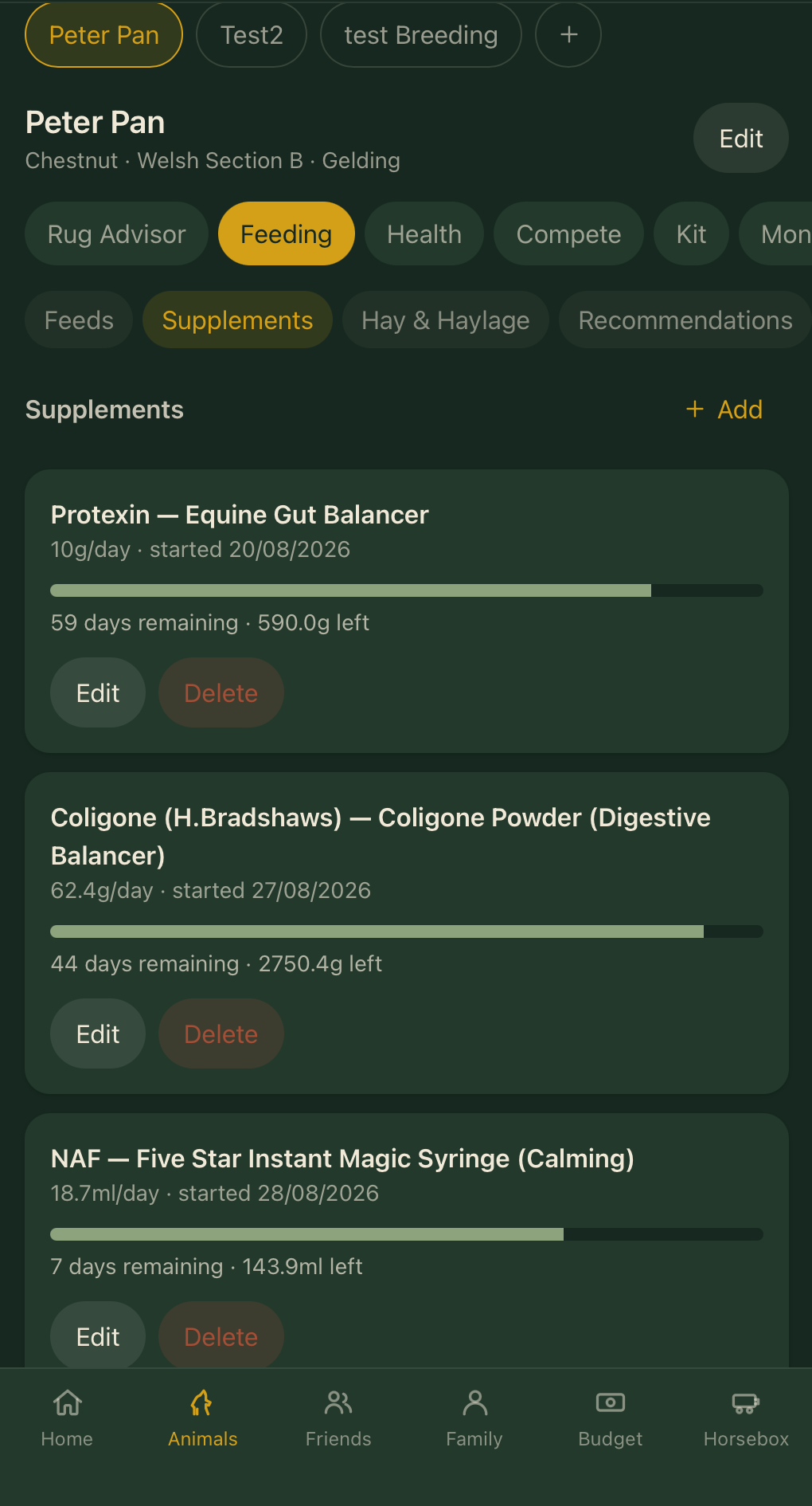 Feed and supplement tracking with days remaining